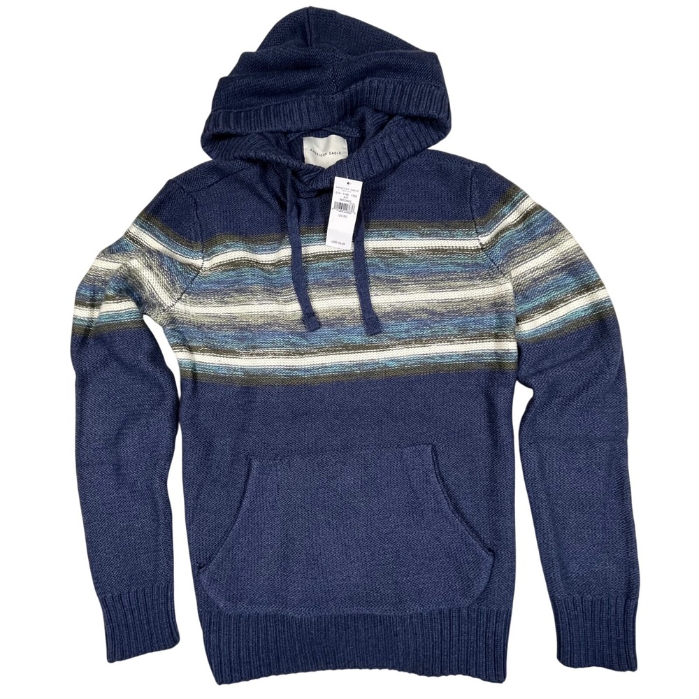 American Eagle Sweater Knit Hoodie Striped Pullover with Pocket Womens XS AE NWT